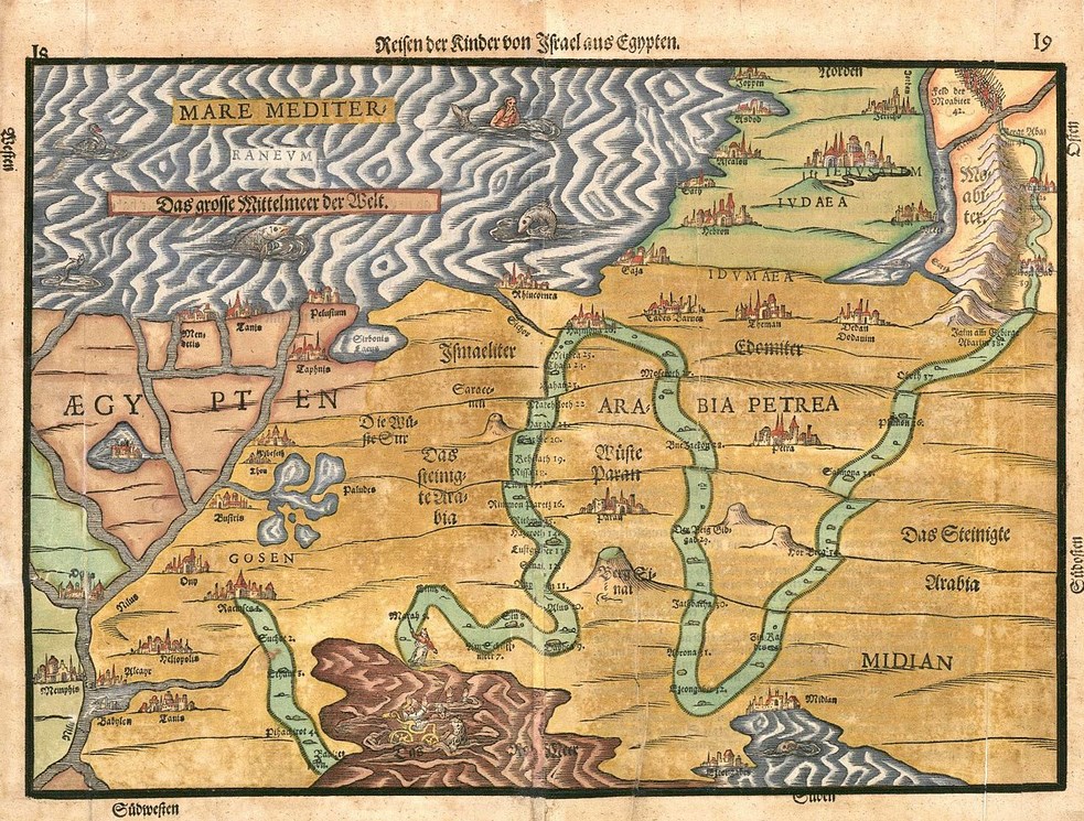 Carte, datant de 1585, du voyage des israëlites durant l'exode